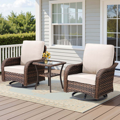 Ensemble de 3 pièces de mobilier d'extérieur, ensemble de bistro à bascule pivotant et en osier avec table d'appoint pour porche, terrasse et cour arrière, couleur beige