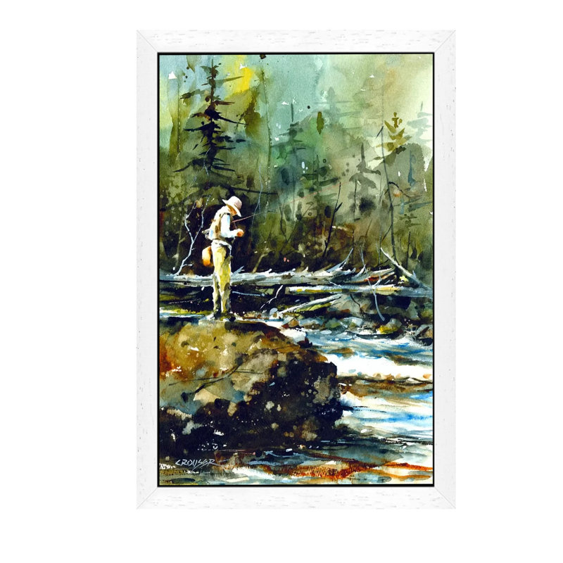Fishing In The Wild II by Dean Crouser - Floater Frame Painting on Canvas, White