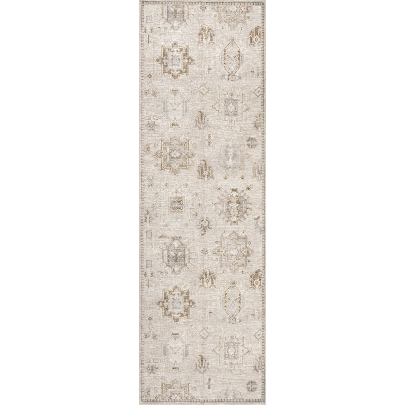 Elverta Medallion Machine Washable Runner Rug for Living Room Bedroom Dining Room Entryway Hallway Kitchen, Beige/Ivory