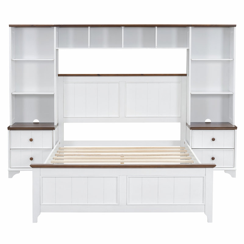 Lit plateforme en bois de pin massif avec tables de chevet, bibliothèque et tablette de rangement intégrées, Complète