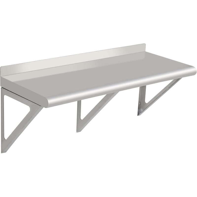 Commercial Shelves, Stainless Steel, Metal Wall-Mounted Shelving for Restaurants, Bars, Utility Rooms, Kitchens, and Garages with a Backsplash and Two Brackets
