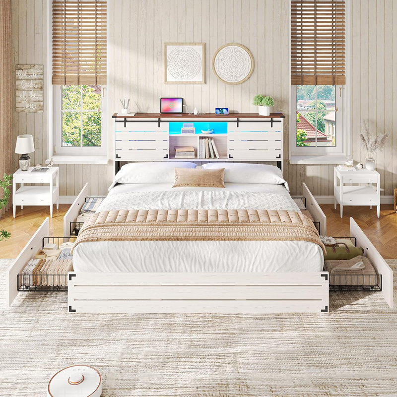 Farmhouse Storage Bed with 4 Drawers, White, King