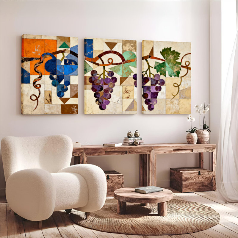 Ensemble de 3 toiles murales abstraites en mosaïque représentant des vignes, H 24 po x l 48 po