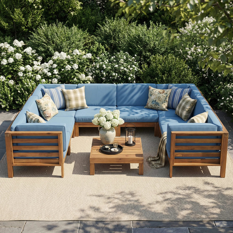 Acacia 8 - Person Modular Patio Conversation Set with Cushions, Brown Frame/Blue Cushion