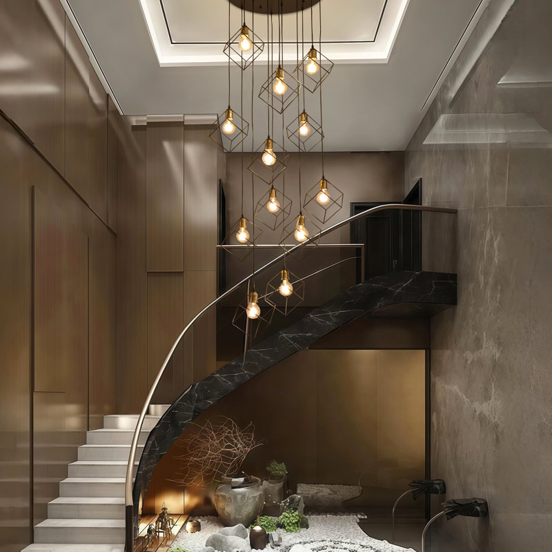 Modern Foyer Chandelier For High Ceilings, 7 Light Geometric Staircase Chandelier Black Metal Cage Pendant Light, 157" Long Spiral Hanging Light Fixture For Living Room Dining Room Entryway