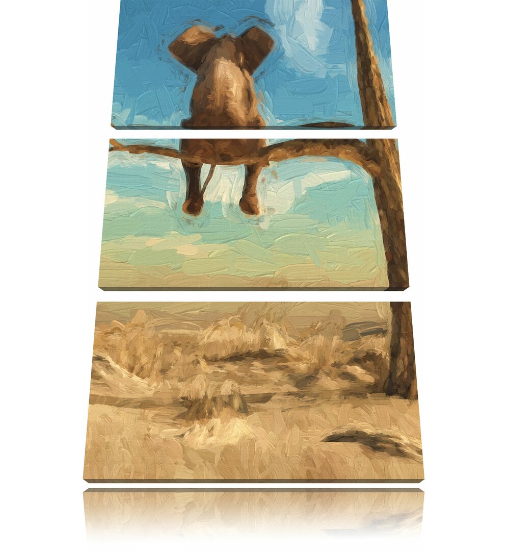 3-tlg. Leinwandbilder-Set „Sitzender Elefant auf einem Ast in der Wüste“, Grafikdruck