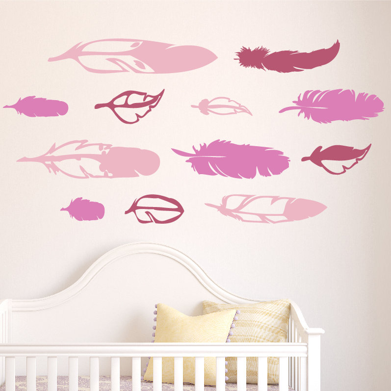 Décalcomanie murale plumes de bois, H 18 po x l 36 po x P 0,01 po, Rose / bleu / jaune