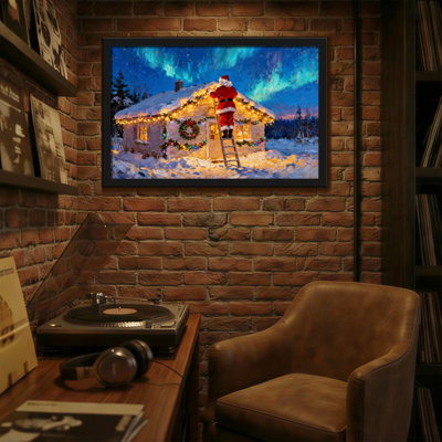 Christmas Santa Decorating House Under Northern Lights