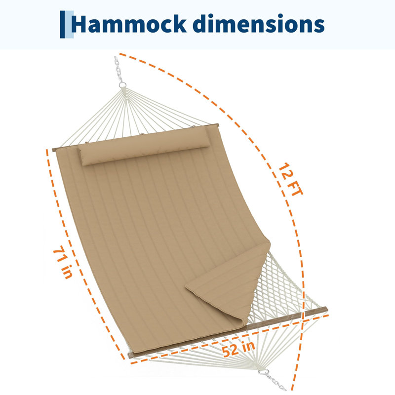 Double Quilted Hammock for 2 Person, 3.5m Large Garden Hammock with Wooden Spreader Bar & Detachable Pillow, 204kg Capacity Outdoor Swing Bed with Chains, Brownish