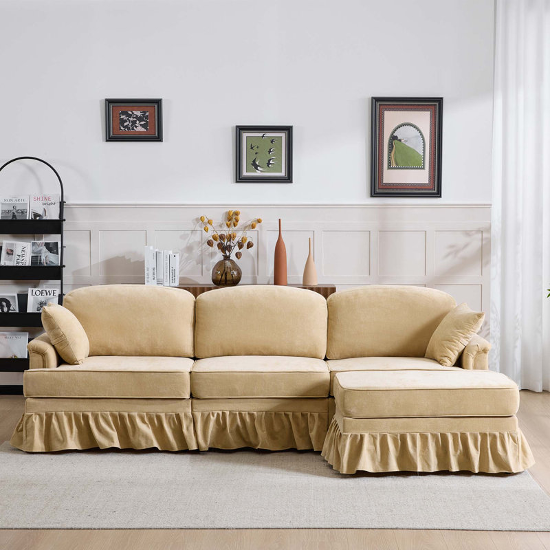 Canapé modulaire modulaire en chenille avec jupe amovible et accoudoirs évasés, Kaki