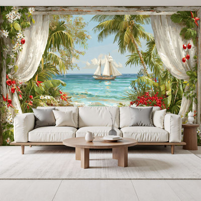 Papier peint adhésif tropical avec fenêtre Summer Hawaii Tropical Island Palm Leaves Ocean