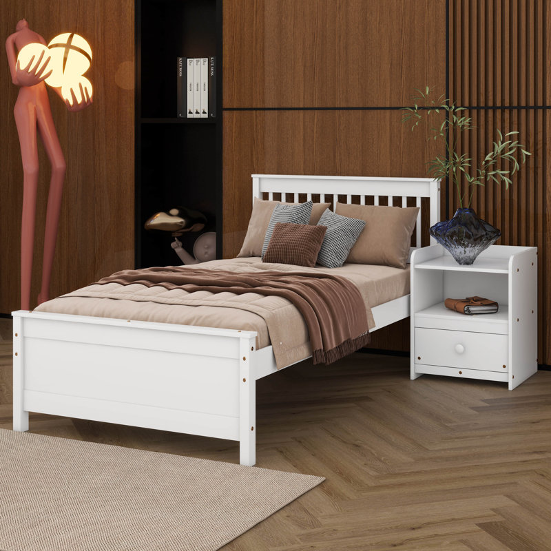 Base de lit plateforme avec tête et pied de lit, table de chevet avec tiroir de rangement et tablettes supérieures, Simple