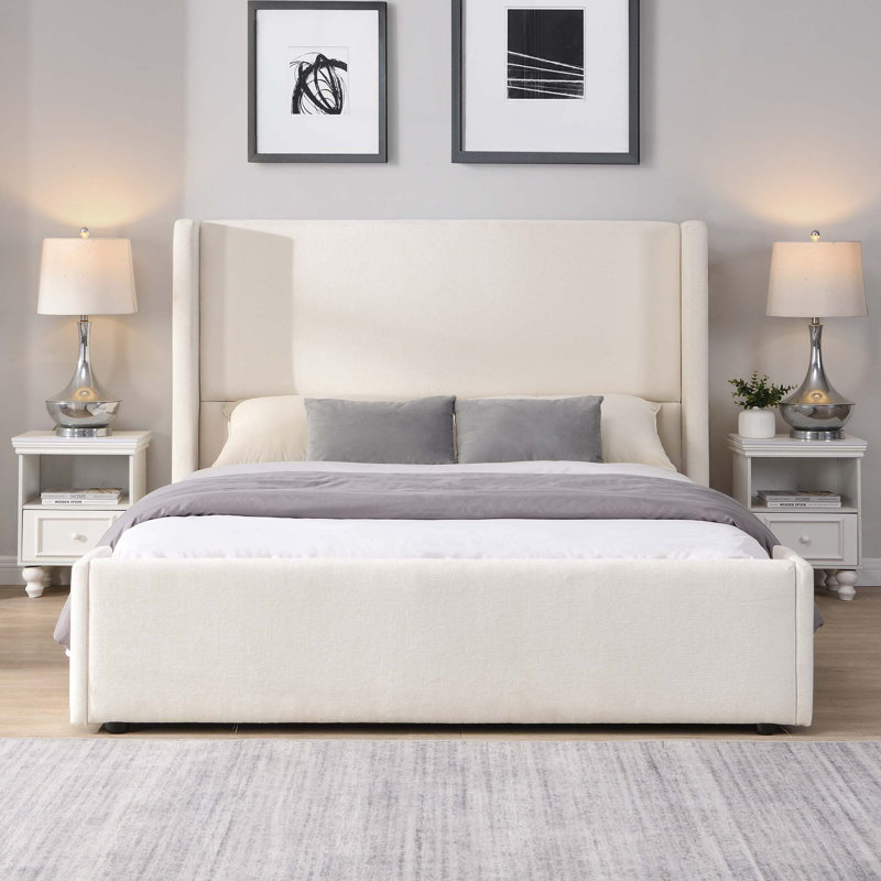Lit tapissier élégant en tissu blanc avec tête haute, Grand lit