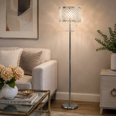  59.25'' Glam Chrome Floor Lamp with Crystal Drum Shade & Foot Switch. 
