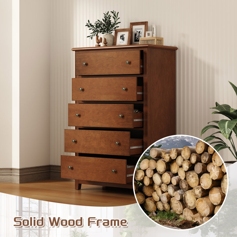 5 Drawer Solid Wood Construction Dresser, Brown