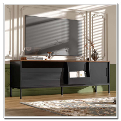 70.8'' Modern TV Stand For Tvs Up To 75 Inches, Entertainment Centre With Storage Space, Sliding Doors, Adjustable Shelves And Metal Frame, Mid Century Modern Media TV Console Table For Living