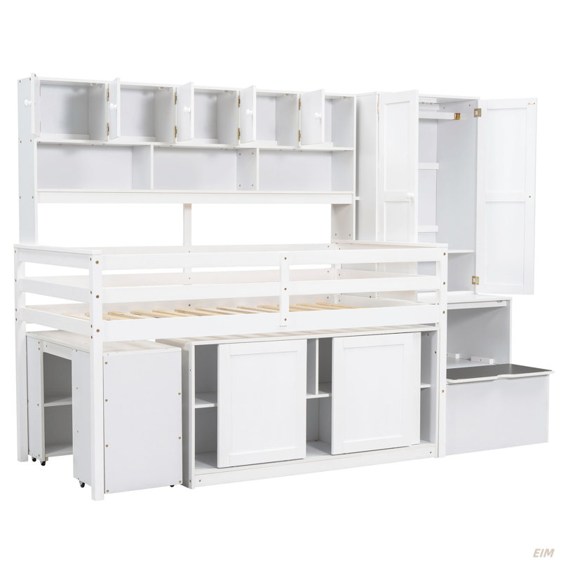 Lit mezzanine simple en bois avec grand rangement sous le lit, avec tiroirs et tablettes (lit)