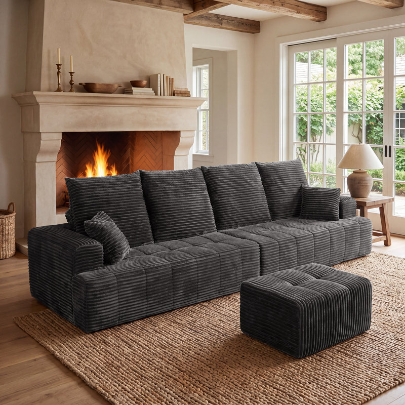 Pouf ottoman moderne compressé, repose-pieds rectangulaire modulable en velours côtelé avec ressorts ensachés, aucun assemblage requis pour le salon, gris