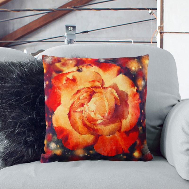 Orange Rose Flower Painting Square Throw Cushion, 40cm H x 40cm W x 15cm D