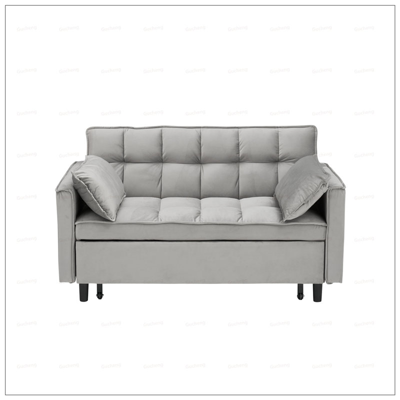 Modern Velvet Loveseat Futon Sofa with Reclining Backrest, Toss Pillows, Pockets, and Convertible Sleeper Function for Living Room