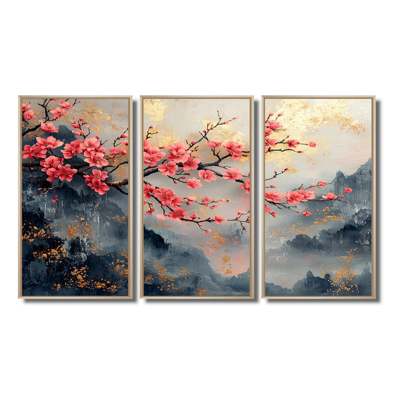 Rose, bleu, cerisier en fleurs, branche en Chine - ensemble d'art mural fleur de cerisier, H 28 po x l 36 po x P 1 po