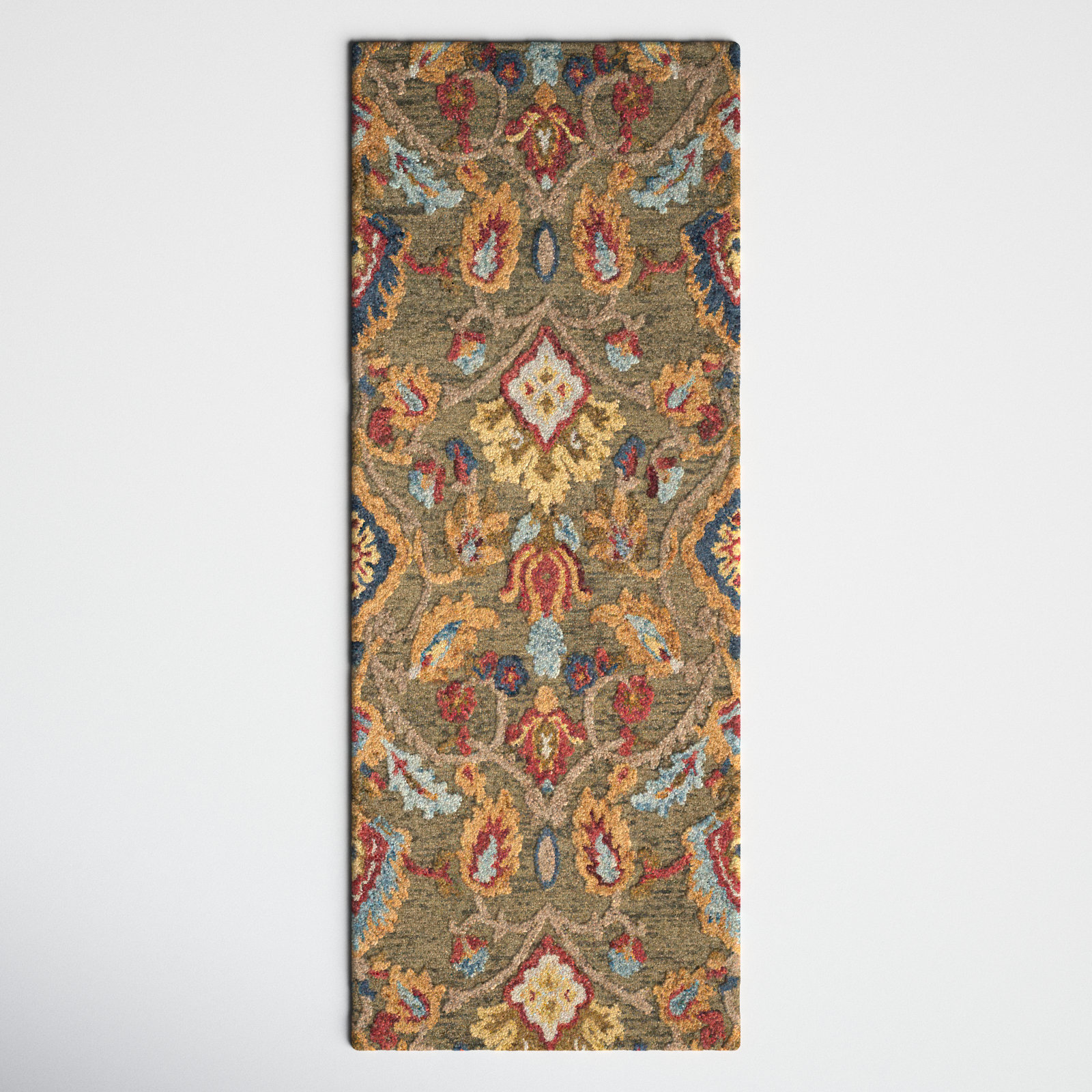Tansy Handmade Wool Green / Multi Rug, Runner 2'3" x 8'