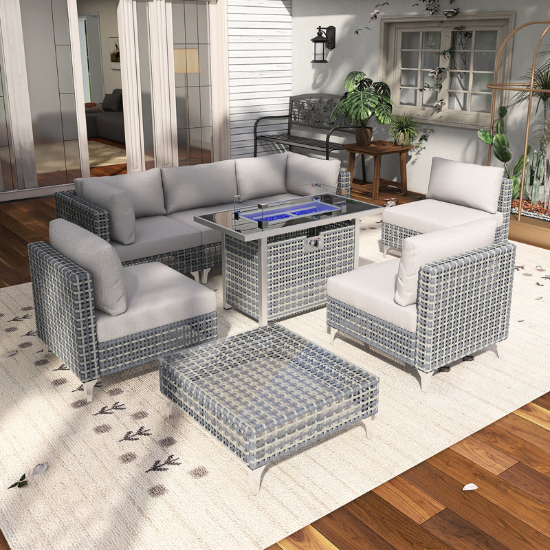 8-Piece Patio Conversation Set With Propane Fire Pit Table, Coffee Table, Grey Cushion/Grey Frame