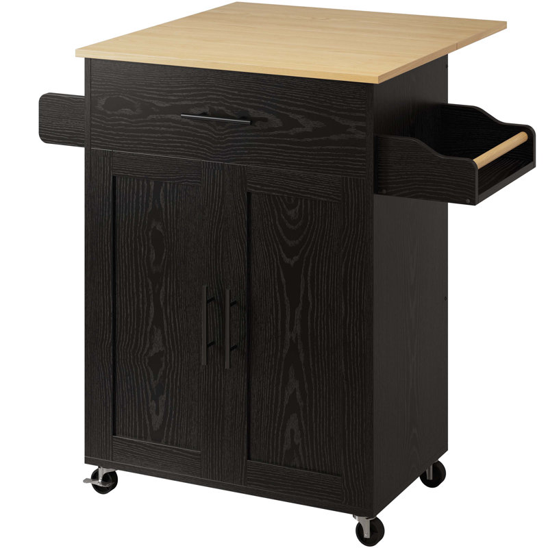 26"W Rolling Kitchen Island Table On Wheels With Drop Leaf, Black