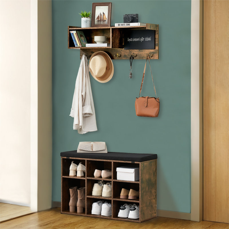 Industrial Wall Mounted Hall Tree Coat Rack and Shoe Bench Set with 10 Cubbies and 5 Hooks for Hallways and Entryways, Brown