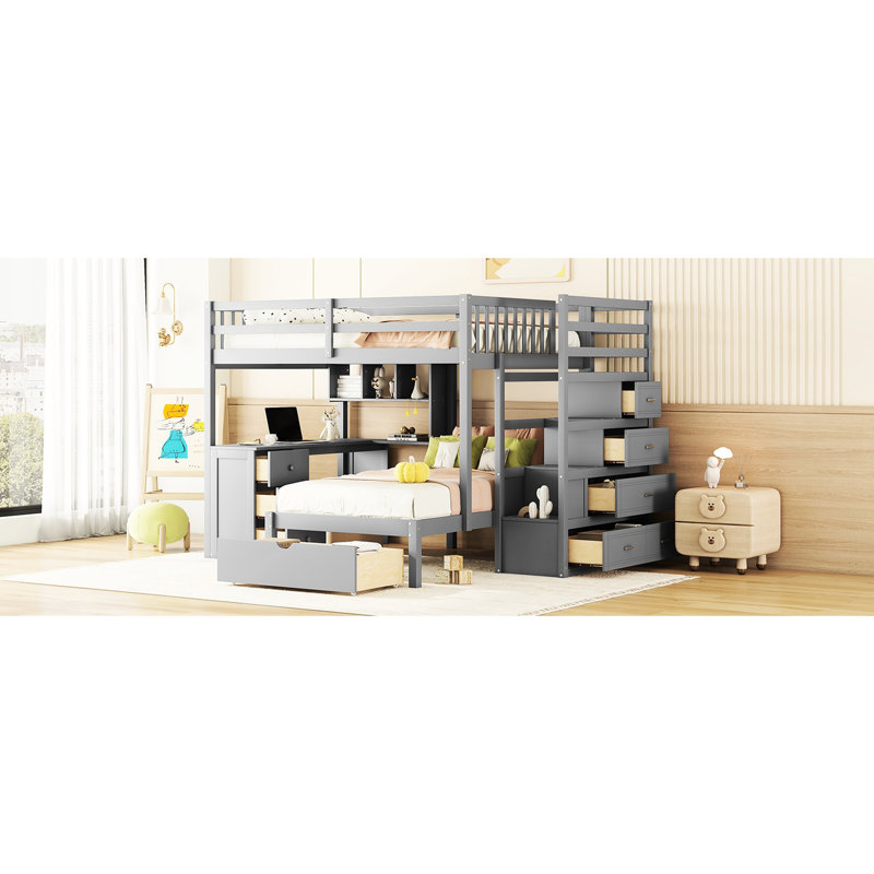 Lit superposé confortable au-dessus d'un lit simple de couleur grise avec bureau et rangement efficace