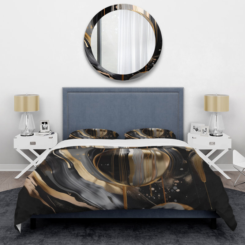 Twin Gold and Black Abstract Marble Microfiber Duvet Cover Set