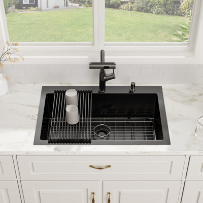 30"L x 22"W x 10"D Drop In 16-Gauge Stainless Steel Single Bowl Kitchen Sink with Faucet and Accessories