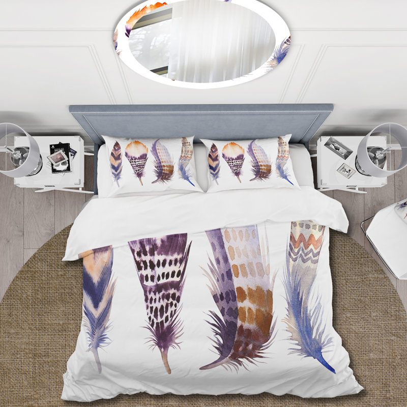 Ensemble de housse de couette bohémien et éclectique - plumes de bohème mauves - polyester microfibre
