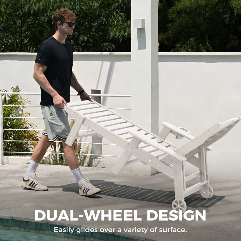 Outdoor HDPE Reclining Lounge Chaise With Wheels & Cup Holder, White