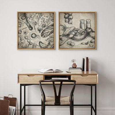 "Croquis de cuisine rétro, illustrations culinaires rustiques, art moderne minimaliste" - 2 pièces