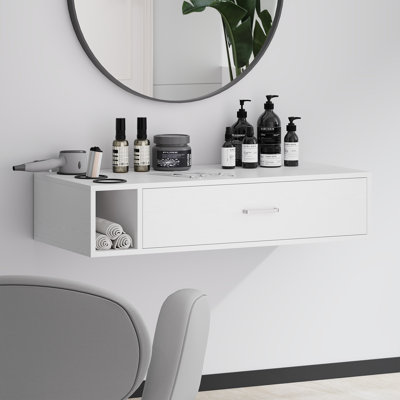 Thame Wall Mount Salon Station, Beauty Salon Stations Equipment with Drawer, Hair Salon Station Cabinet with Side Open Space, Stylist Salon Stations Storage Cabinets with 3 Hair Dryer Holes