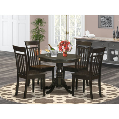 5 Piece Dining Set Includes a Round Dining Room Table with Pedestal and 4 Wood Seat Chairs, Cappuccino