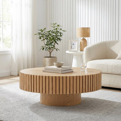 Table basse tambour moderne et luxueuse FFZ 35 po avec plateau en pierre frittée et pied central en MDF noyer