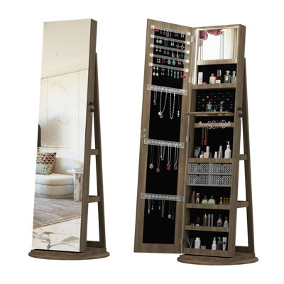 Lockable 360° Swivel Jewellery Armoire with Full-Length Mirror & Rear Storage Shelves