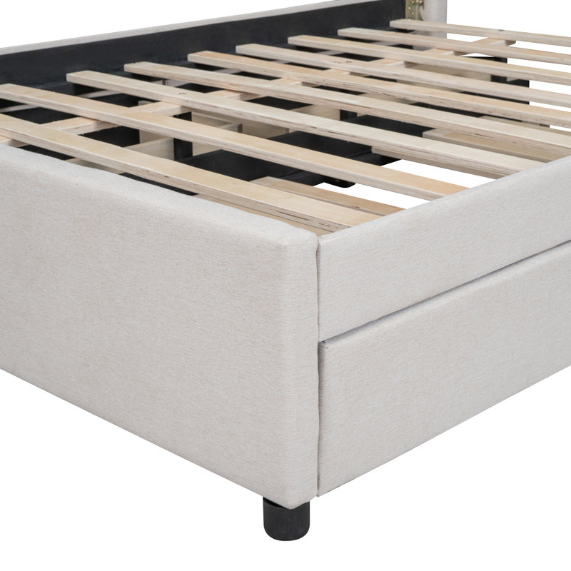 Lit double en lin beige avec lit gigogne et tiroirs pour le rangement de la chambre d'amis, Beige, Lit double