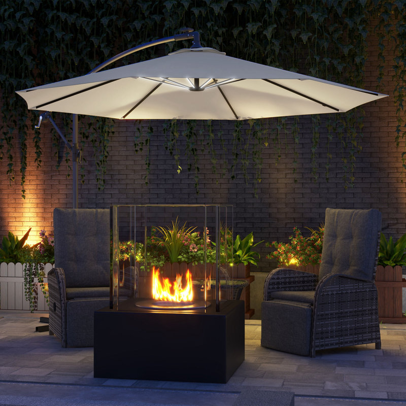Parasol de patio en porte-à-faux décalé avec lumières solaires, base, Beige