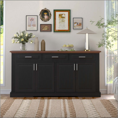 Buffet cannelé avec rangement, station de café moderne avec 4 portes et 3 tiroirs, console de rangement en bois pour le salon, la salle à manger et le vestibule