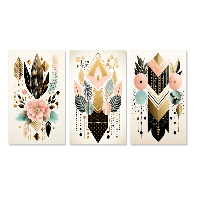 «Boho Chic Floral Geometric Retro Illustration I», 3 pièces sur toile, Toile tendue, H 40 po x l 60 po