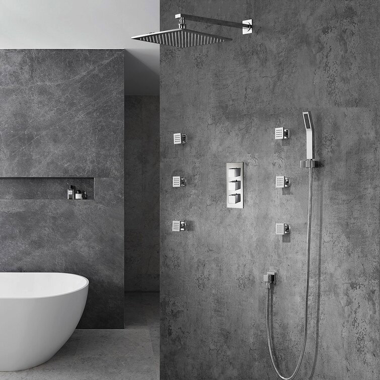 Système de douche à pluie mural 24 pouces avec finition chromée avec robinet mélangeur et douchette