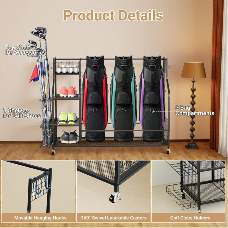 4-Golf Bag Storage Rack With Lockable Wheels, Heavy-Duty Metal Golf Organizer With Club Holder & Multi-Tier Shelves, Mobile Golf Equipment Storage For Garage/Basement/Clubhouse, Black