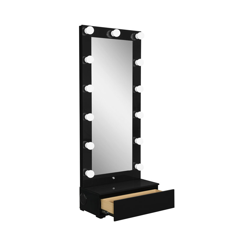 ELISA BLACK NARROW TALL MIRROR WITH SPEAKER AND DRAWER, Black