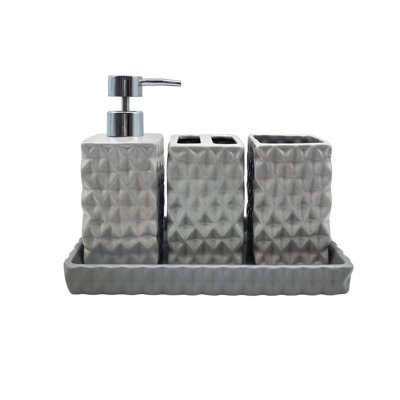 Ashford 4-Piece Ceramic Bathroom Accessory Set with Lotion Dispenser, Toothbrush Holder, Tumbler & Tray, Grey