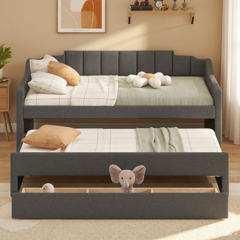 Lit de jour simple tapissier avec couchette et trois tiroirs, gris