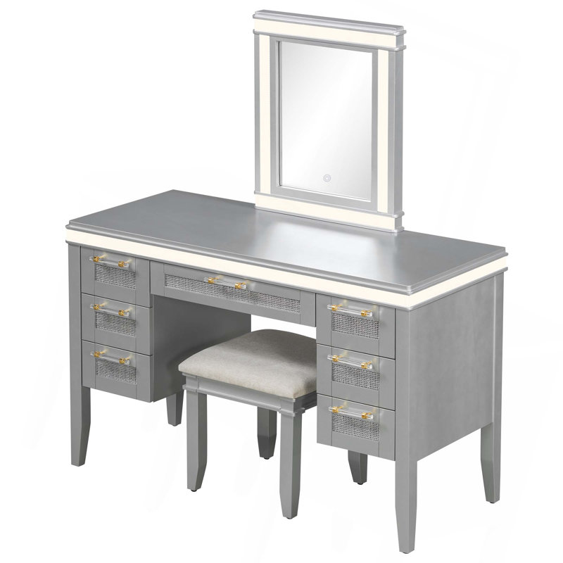 48" Vanity Desk With Mirror And Lights, Makeup Vanity With 7 Drawers And Cushioned Stool, Classic Grey Finish Dressing Table With Hollow Design Drawer For Bedroom, Rubber Wood Legs