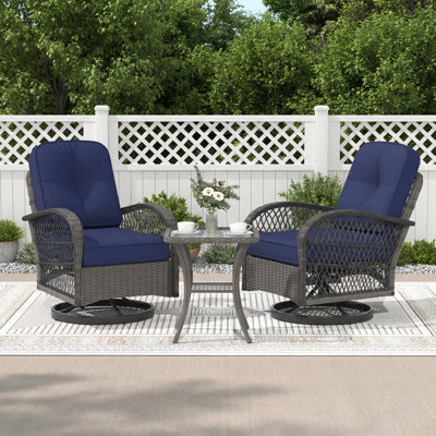 3 Pieces Outdoor Swivel Rocker Chairs, 360° Swivel Wicker Patio Bistro Set, Front Porch Furniture With Thickened Cushions And Tempered Glass Top Side Table For Porch, Garden, Backyard, Poolside
